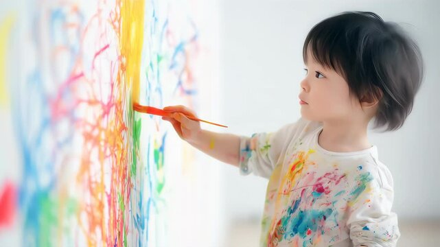 壁に夢中でお絵描きする子ども