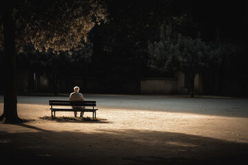 An old man sits alone on a bench in a parched, lifeless park under blazing sun, leafless trees and dusty ground reflect the harsh toll of an unforgiving heatwave.