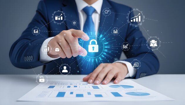 Close up businessman hand pressing floating digital power button. Start or shut down concept. 