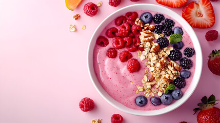 A vibrant and healthy smoothie bowl overflowing with fresh berries nuts and granola on a soft pink background for health and wellness