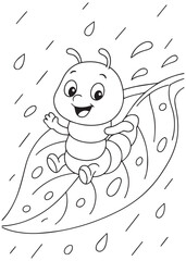 Coloring book page of a happy worm sliding on a leaf in the rain