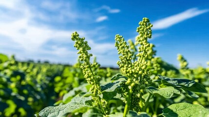 Close-up of vibrant green plants with unopened buds under a bright blue sky.