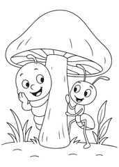 Coloring book page of two worms playing near a mushroom
