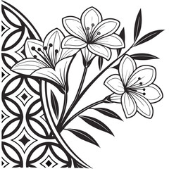 Elegant Black and White Lily Flower Design Corner Art Print, Floral Illustration, Line Art, Geometric Pattern, Printable Wall Decor