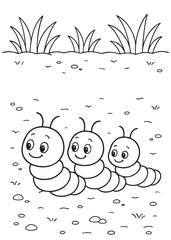 Coloring book page of three worms crawling in a line outdoors.