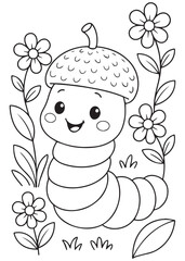 Coloring book page of a smiling worm under an acorn hat with flowers.