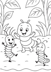 Coloring book page of worms talking happily together