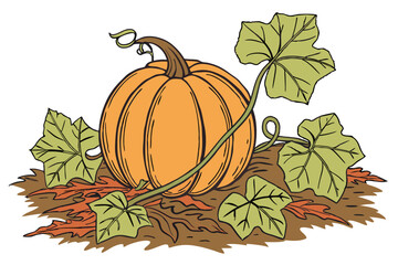 Hand-Drawn Pumpkin with Lush Leaf