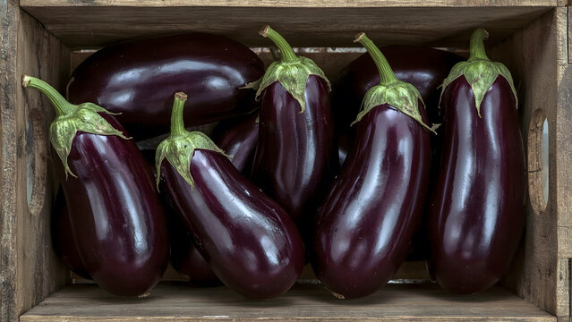 Fresh eggplants in wooden crate. shiny dark purple vegetable in rustic setting