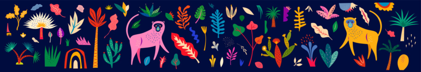 Vector colorful illustration with tropical flowers, leaves, monkey