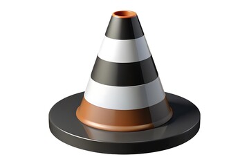 Black and white striped traffic cone icon with orange top and brown base on a dark gray surface