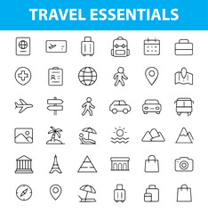 Travel Essentials Line Icons, Airplane, Passport, Map, Suitcase, Hotel, Location Pin, Camera, Navigation, and More , Editable Formats: AI, EPS, JPG, PNG , Ideal for Both Digital and Print Use

