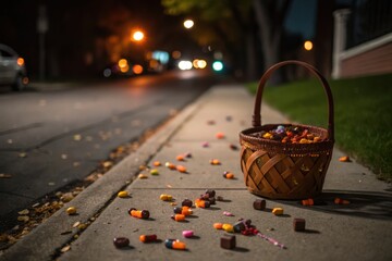 Autumnal Nighttime Scene On Concrete Sidewalk Closeup Of Colorful Candy, Including Orange And Brown Pieces, Scattered On Ground Near Car