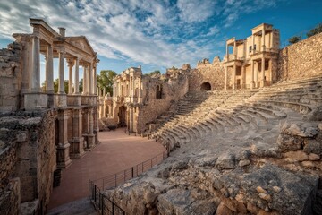 Ancient Roman theater ruins with tiered seating stone facade and classical architecture under a blue sky