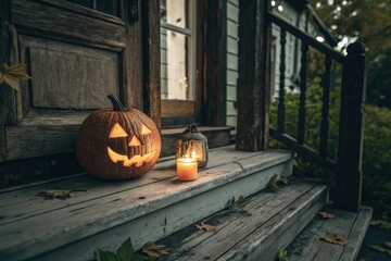 Cozy Halloween Night On Dark Wooden Porch Warm Jack O'Lantern Glow And Candlelight Illuminate House Dark Railing And Green Foliage