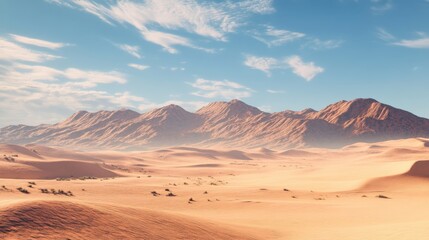 Fototapeta premium Vast desert landscape with distant mountains under a blue sky