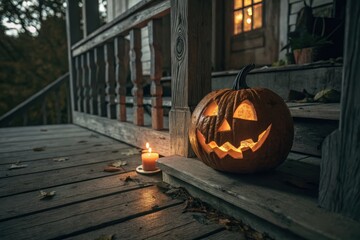 Cozy Halloween Warm, Orange Jack O'Lantern On Rustic Porch, Its Glowing Jack O'Lantern Eyes And Flickering Candle Lighting Illuminate Background