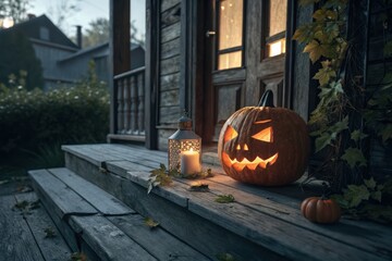 Cozy Rustic Wooden House Porch At Dark, Illuminated By Warm, Glowing Jack O'Lantern And Soft Light, Creating Perfect Pumpkin Scene