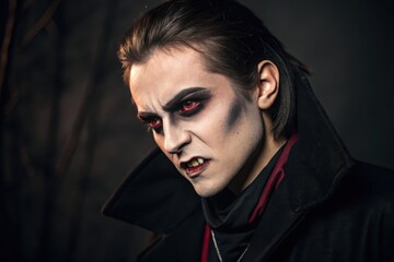 Dramatic Vampire Portrait Classic Creatures Menacing Face Revealed, Enhanced By Dark Eyeshadow, Intense Lighting, And Striking Coat, Completing Powerful Look