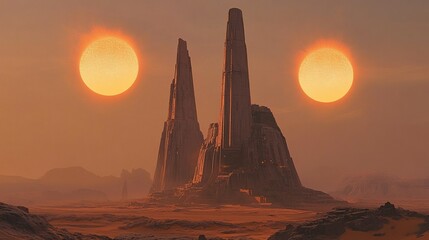Vast alien desert, two suns in the sky, tall spires of rock, barren landscape, desolate yet beautiful, style of motif sci-fi, architecture style organic, color scheme burnt oranges.