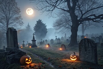 Eerie Halloween Jack O'Lantern Graveyard Scene Bare Trees Loom As Jack O'Lanterns Glow In Dark Mist Under Full Moon