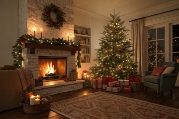 Inviting Christmas Holiday Scene With Warm Fireplace, Green Tree Adorned With Red Ornaments, And Comfortable Armchair In Cozy Area