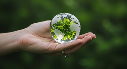 Hand holding transparent globe with green leaves, symbolizing environmental responsibility, climate action, and sustainable global vision