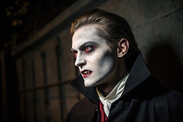 Striking Gothic Vampire Portrait Dramatic High Lighting Sculpts Mysterious Face In Classic Costume Prominent High Collar Amplifies This Intense, Predatory Allure