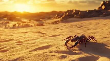 A scorpion on the sandy desert floor under the warm sunlight