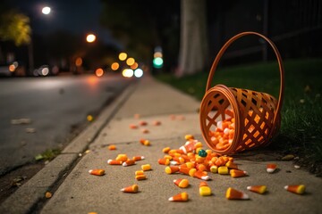 Vibrant White And Yellow Candy Corn Spills From Basket Onto Dark Concrete Sidewalk Post Trickortreat Blurred Street Background Evokes Nostalgic Halloween