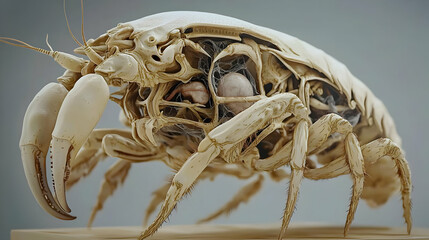 Detailed view of a crustacean's exoskeleton and internal organs.  Visible skeletal structure, organs, and tissues of a small crab-like creature