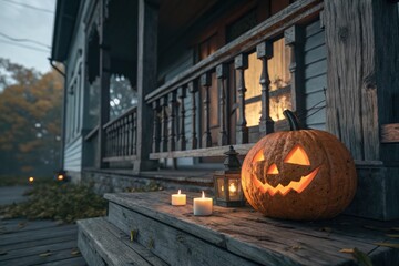 Warm Light From Cozy Halloween House Spills Onto Rustic Wooden Porch Brown Background With Autumnal Trees Completes This Inviting Scene