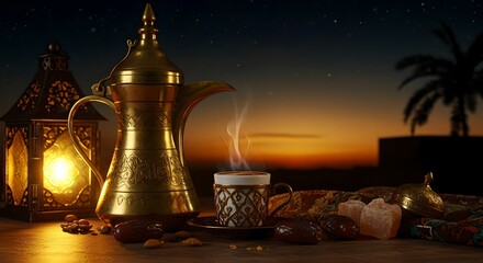Steaming arab coffee cup with dates on a table. Traditional ramadan iftar and eid al-fitr celebration with oriental lamp