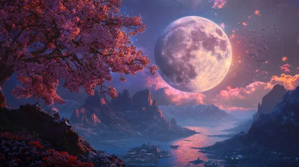 Printed kitchen splashbacks Serene nightscape with a giant moon, blossoming tree, and tranquil mountains reflected in a still lake.