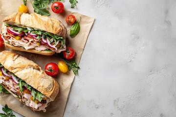 Flat lay of a gourmet sandwich cut in half, ingredients visible and neatly arranged, placed on parchment paper
