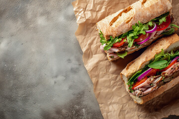 Flat lay of a gourmet sandwich cut in half, ingredients visible and neatly arranged, placed on parchment paper