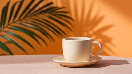 White Ceramic Cup Mockup on Table with Palm Leaf and Orange Background