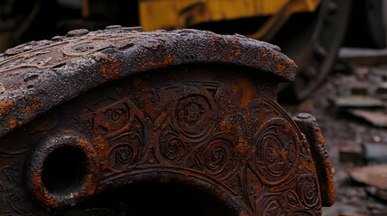 Rusty metal wheel section with intricate carvings.  Surface covered in deep reddish-brown rust, showing detailed, ornate patterns.  Visible portion of a large, industrial machine part