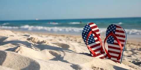 American flag flip flops resting on sandy beach with ocean waves in background