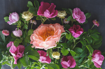 Vibrant Flower Bouquet with Irises and Roses. Floral art. Floral design. Botanical background.