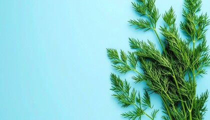 Fresh Dill Sprigs on Light Blue Background A vibrant image of green dill