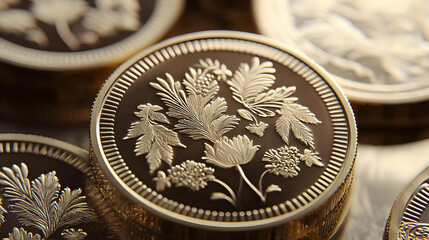 Close-up of decorative coins.  Detailed floral and leaf designs embossed on golden-toned metal