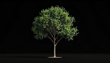 Single deciduous tree with lush green foliage isolated on black background High resolution image