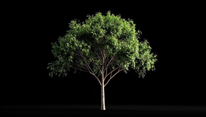 Single deciduous tree with lush green foliage isolated on black background High resolution image