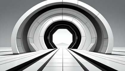 Abstract grayscale image of a futuristic tunnel with a white tiled floor leading to a distant bright horizon
