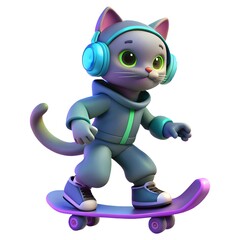 Cute cartoon cat wearing headphones riding a skateboard with neon accents
