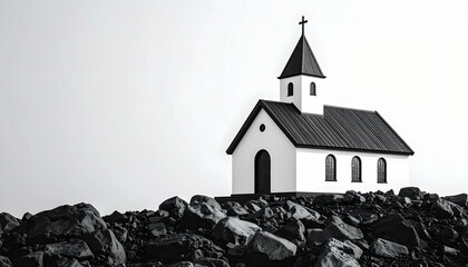 Black and white image of a small church situated on a rocky outcrop against a bright sky