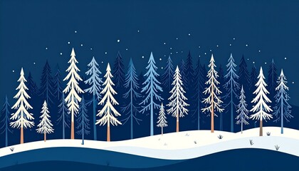 Winter Night Forest Scene Snowy Landscape with Blue and White Pine Trees under a Starry Night Sky