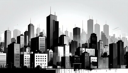 Monochrome cityscape illustration Numerous buildings skyscrapers and high rises in a grayscale palette