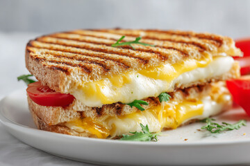 Side view of a grilled panini sandwich with melted cheese oozing out, on a clean white plate with a blurred background 